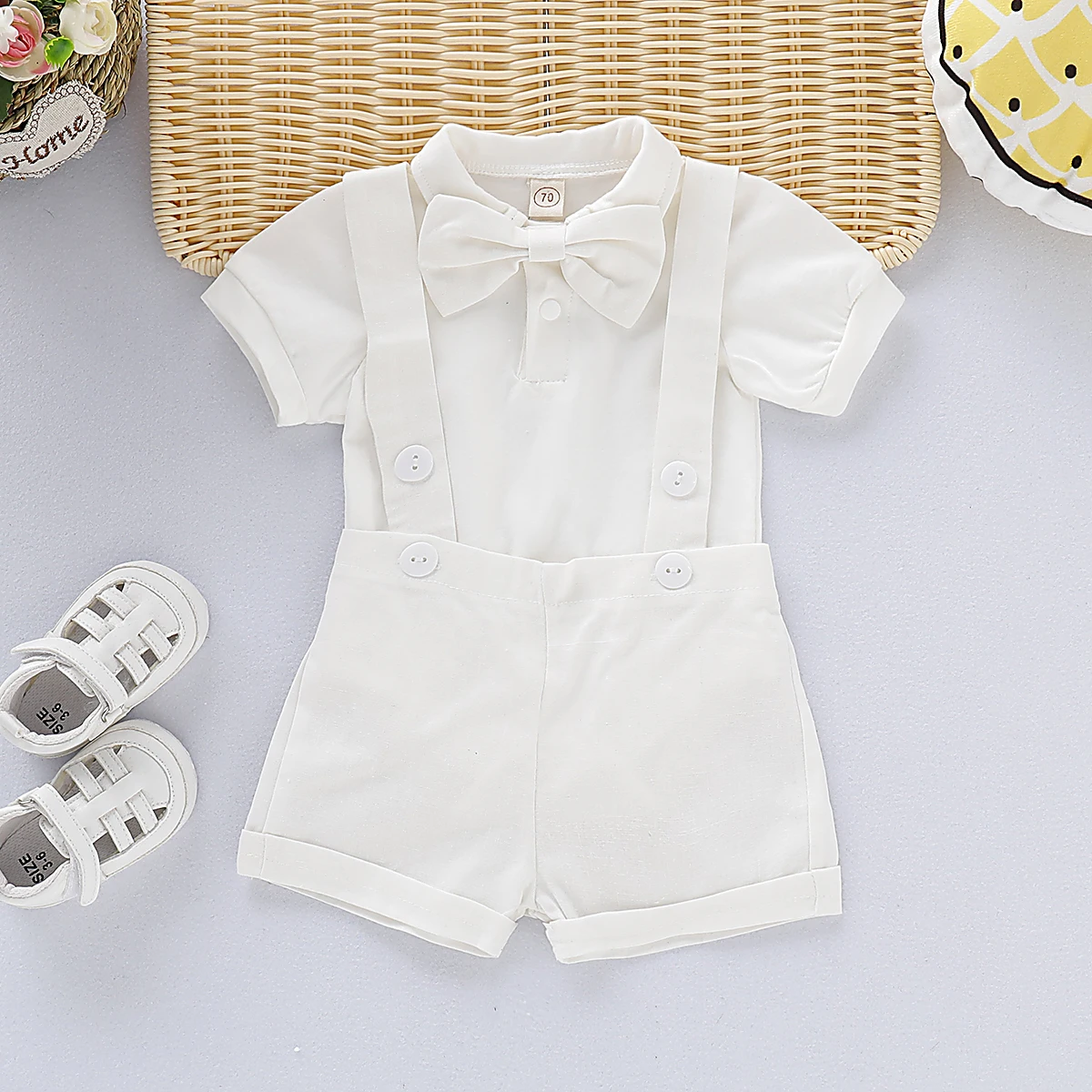 0-24 Months Newborn Baby Boy Gentlemen Clothes Set Bowtie Short Sleeve Cotton Romper+Suspender Pant Toddler Summer 2PCS Outfits