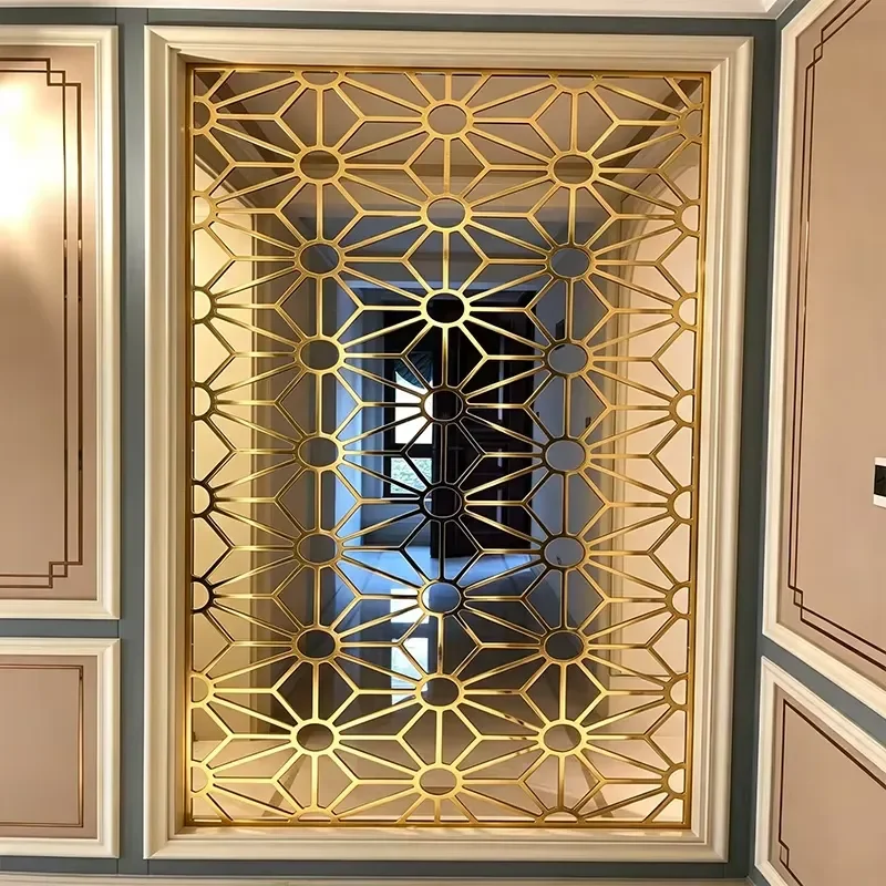 Bespoke Decorative Scroll Floral Metal Room Divider Gold Plated Hollow Carved Partition for Mansion