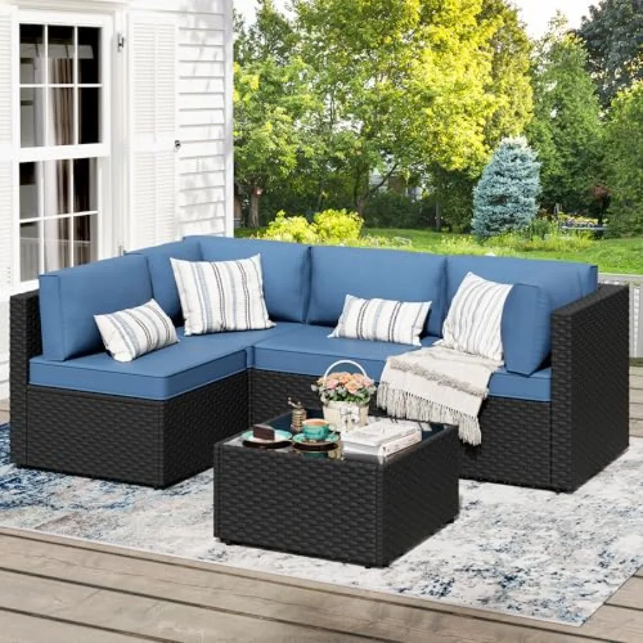 JAMFLY 5 Piece Outdoor Patio Furniture Set in Aegean Blue with PE Rattan Construction Thick Cushions Glass Top Coffee Table All