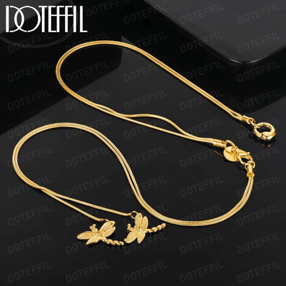 DOTEFFIL 18K Gold Two Dragonfly Pendant Necklace For Women Snake Chain Necklace Wedding Engagement Jewelry