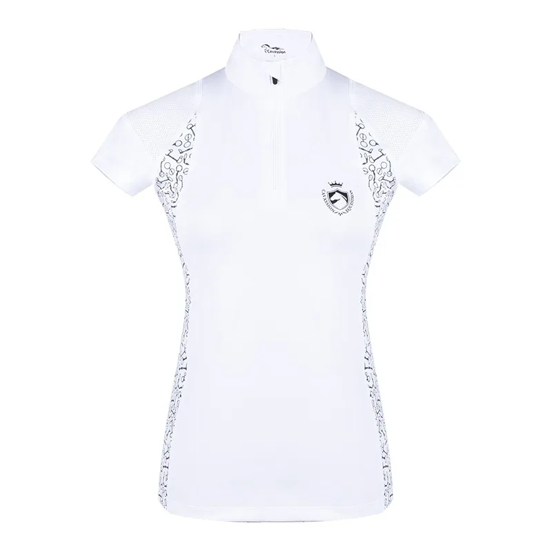 Cavassion-T-shirt blanc à manches courtes, pour compétition de saut d'equestrion, chemise d'équitation