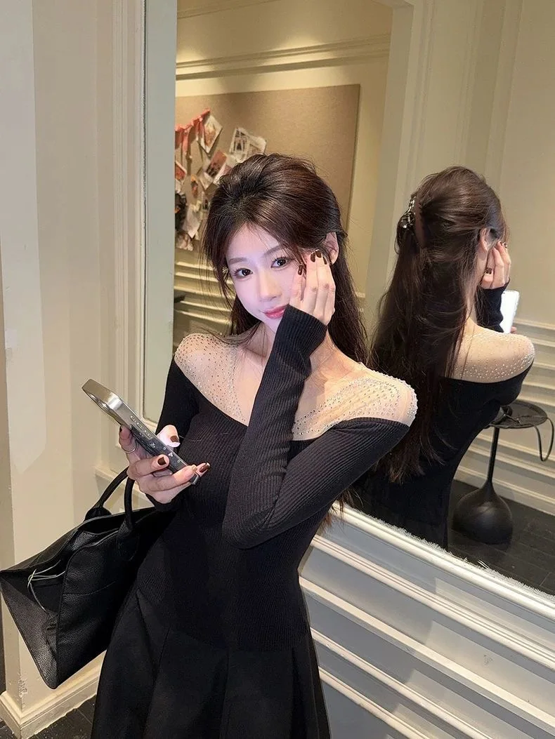 

Корейский женский топ с открытыми плечами, кружевными вставками, высококачественный, для повседневной носки, приталенный, однотонный