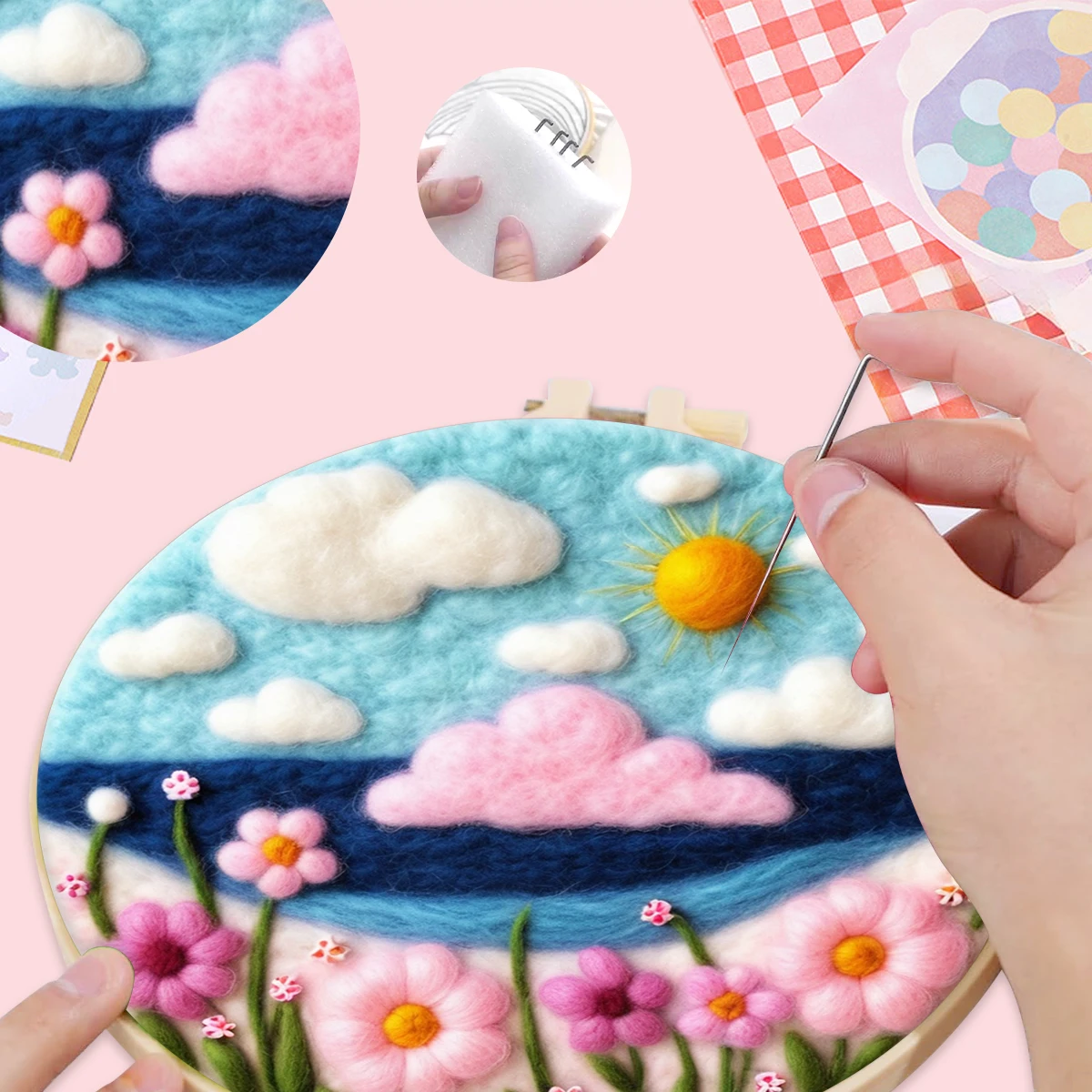 

SDOYUNO Wool Felt Painting Kit Pink scenery Embroidery Frame Cross Stitch Diy Craft Supplies Wool For Knitting Handmade Sewing