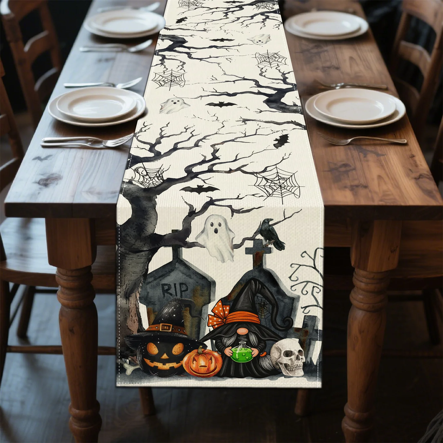 Halloween Table Runner Gnome Witch Pumpkin Tombstone Ghost Bat Spider Web Print Linen‑Texture Table Cover for Holiday Dinner