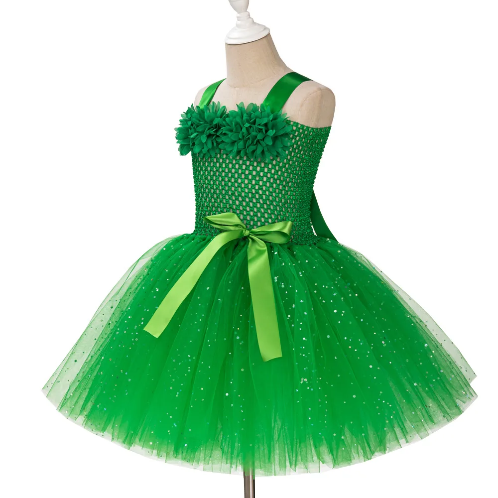 Kids Green Butterfly Princess Floral Fairy Glitter Tutu Dress With Accessory For Summer Sleeveless Breathable Performance Outfit