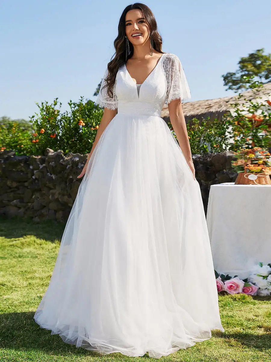 

BAZIIINGAAA A-line V-Neck Lace Wedding Dresses With Embroidery Wedding Dress