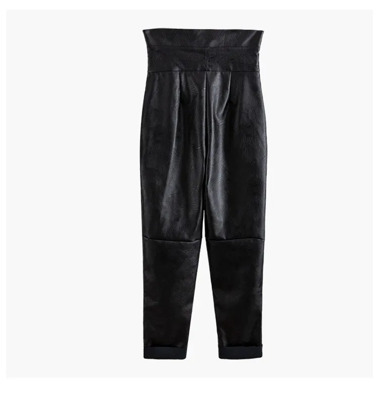 yuerwang Women Leather Pant Capris 2022 New Autumn Winter High Waist Loose Wide Leg Pants Fashion Ankle-Length PU Trousers New