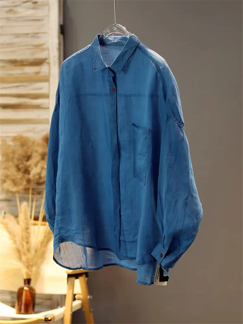 Été nouveau Simple respirant coton lin chemises femmes mode coréenne femme Blouse à manches longues décontracté tout Match chanvre hauts