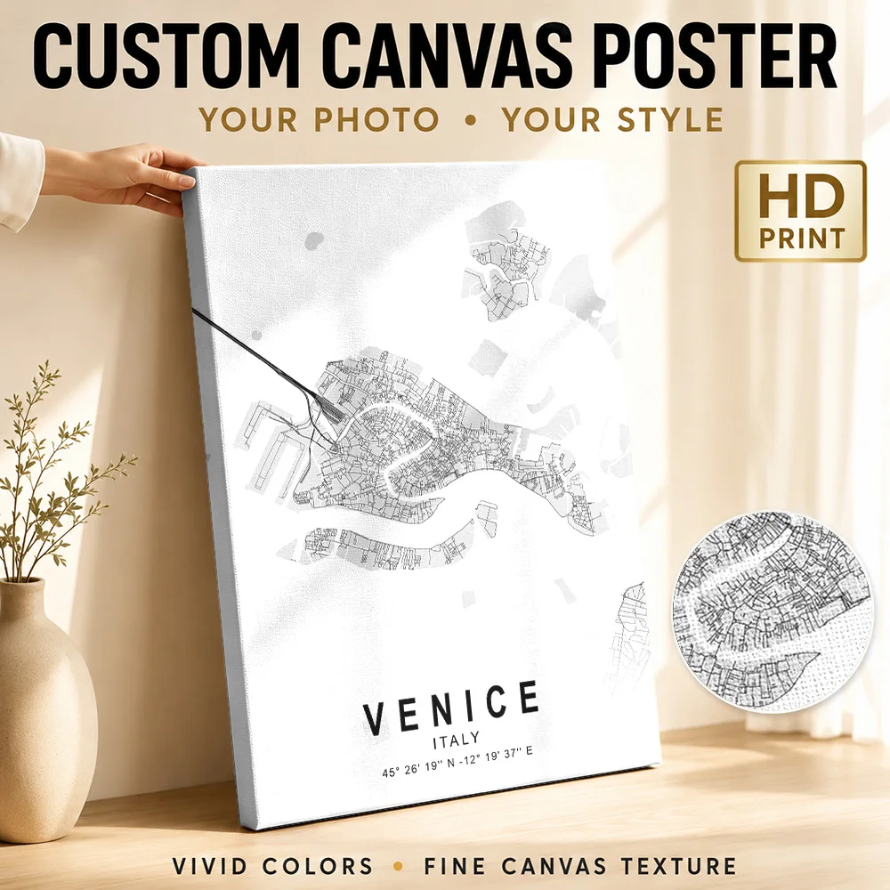 Venice Italy City Map Wood Framed Canvas Print Personalized Photo Street Line Design Wall Art For Living Room Housewarming Gift