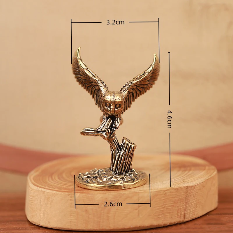 Vintage Brass Owl Perched on Branch Statue, Wing Spread Owl Figurine, Retro Copper Animal Sculpture Desktop Decor