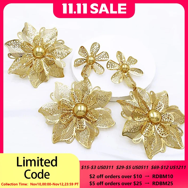 

Gold Color Earrings Ring Set For Women 24K Gold Plated Luxury Dubai Jewelry Set Flower Design 2PCS