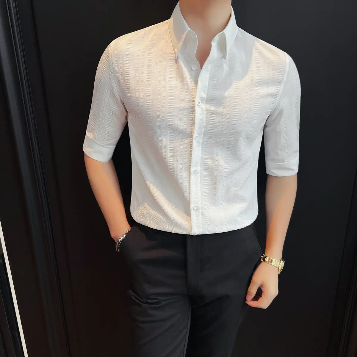 

Summer Striped Shirt Men's Five Quarter Sleeve Lapel Slim Casual Business Formal Shirt Mid Sleeve Social Office Uniform Shirts