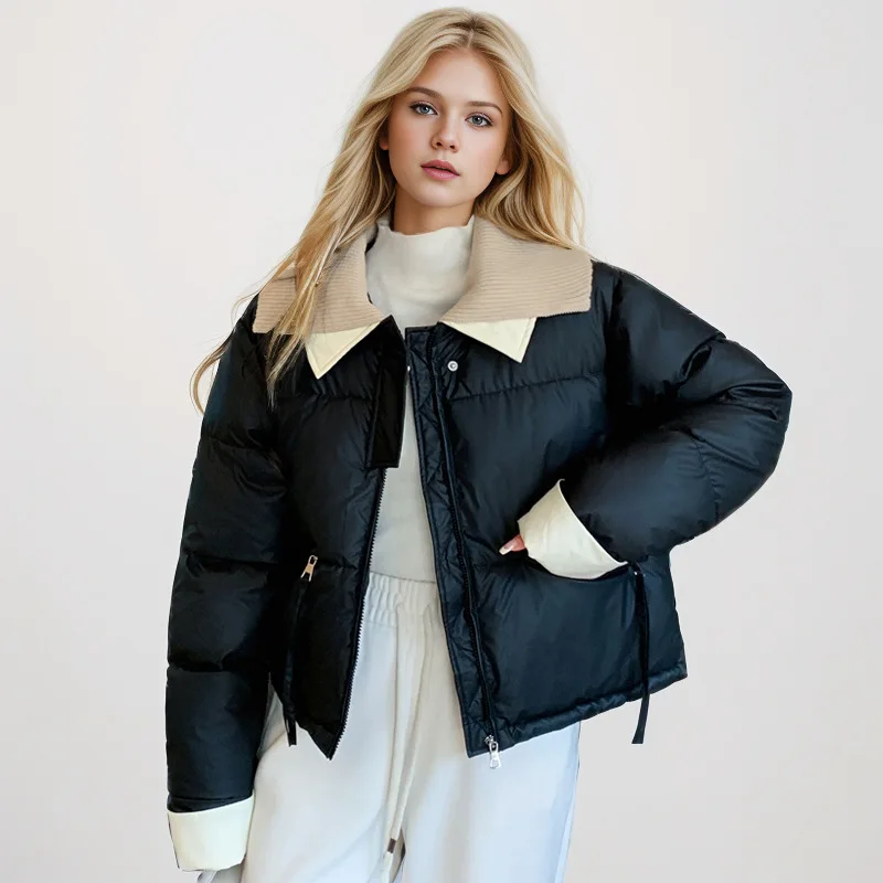 

Women's Winter Thickened PU Leather Cotton-padded Coat Knitted Lapel Short down Jacket European Style Stitching Design