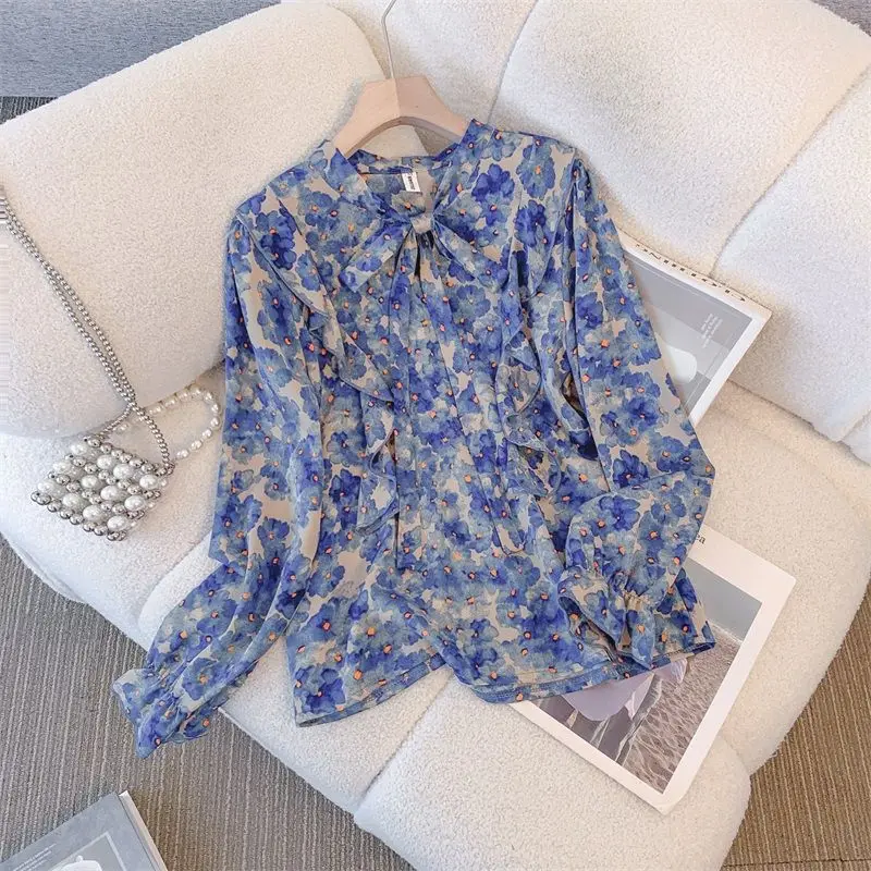 Fresh Sweet 2024 Spring Autumn Women\'s New Patchwork V-neck Bow Ruffle Folds Printed Fashion Casual Long Sleeved Blouses Shirts