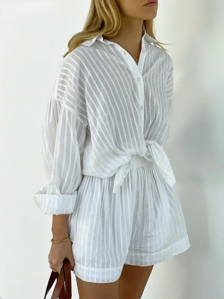 Mozuleva Casual Shorts Sets Striped Jacquard 2 Pieces Cozy Lapel Lantern Sleeve Shirt Summer Outfit Elastic Waist Shorts Suits