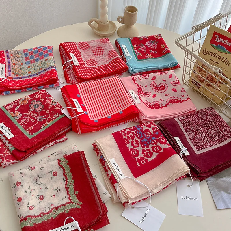 Scarf Women Red Cotton Linen Small Square Sun Protection Lightweight Head Wrap Neck Cover Summer Travel Daily Soft Fashion Comfy