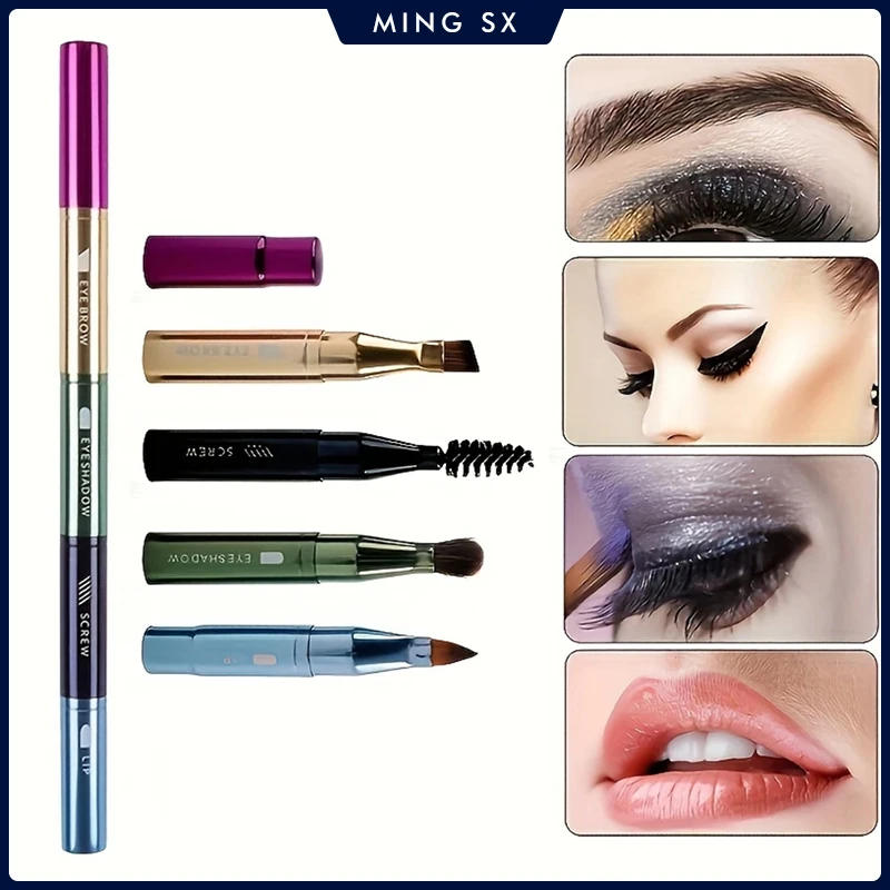 Pennello per trucco 4 in 1 Ombretto staccabile Vite per sopracciglia Pennello per labbra per fondotinta Correttore Strumenti portatili per trucco da viaggio