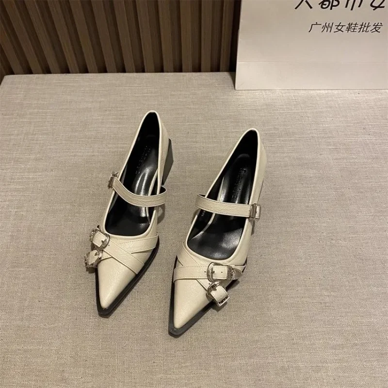 2024 New Brand Women Sandal Fashion Buckle  Casual Slip on Pointed Toe Shallow Dress Sandal Square Low Heel Single Shoe