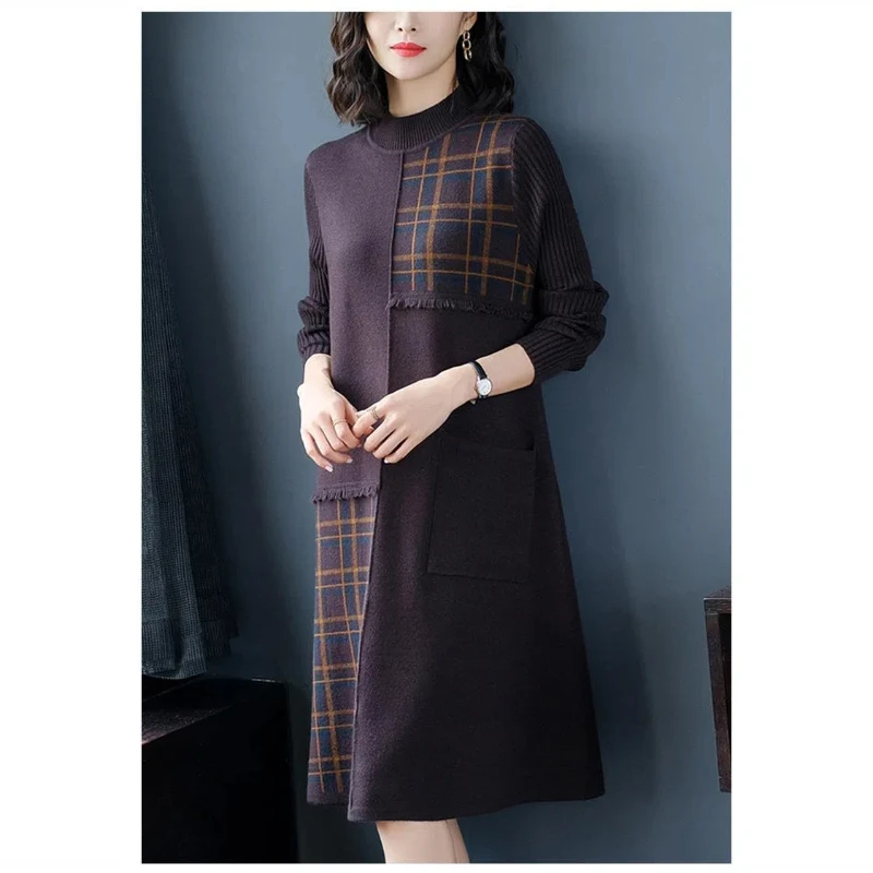 Middle Aged and Elderly Autumn and Winter Plus Size Loose Sweater Women's Dress Fat Thick Knitted Base Knee Length Dresses