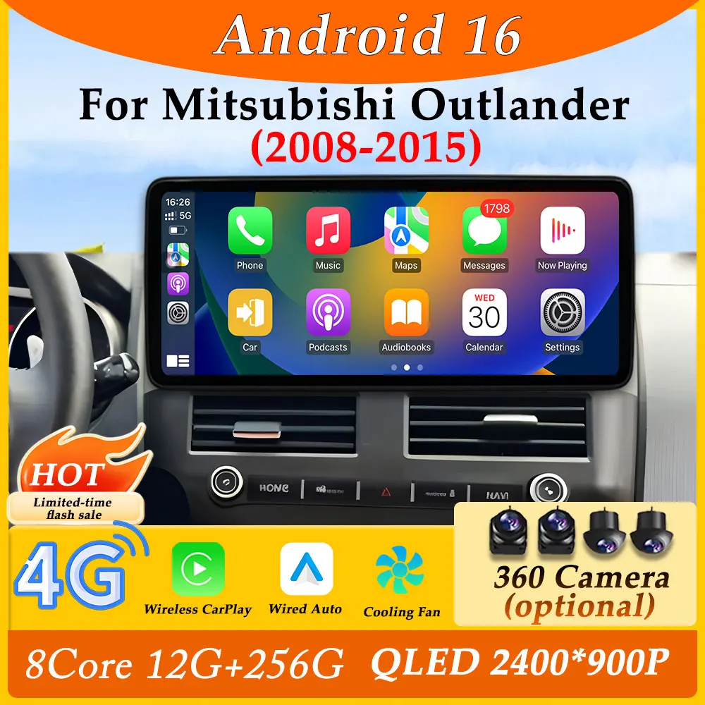 Reproductor Multimedia de vídeo y Radio para coche, pantalla ultrafina 2K para Mitsubishi Outlander 2008 - 2015 CarPlay Auto DSP estéreo, pantalla dividida