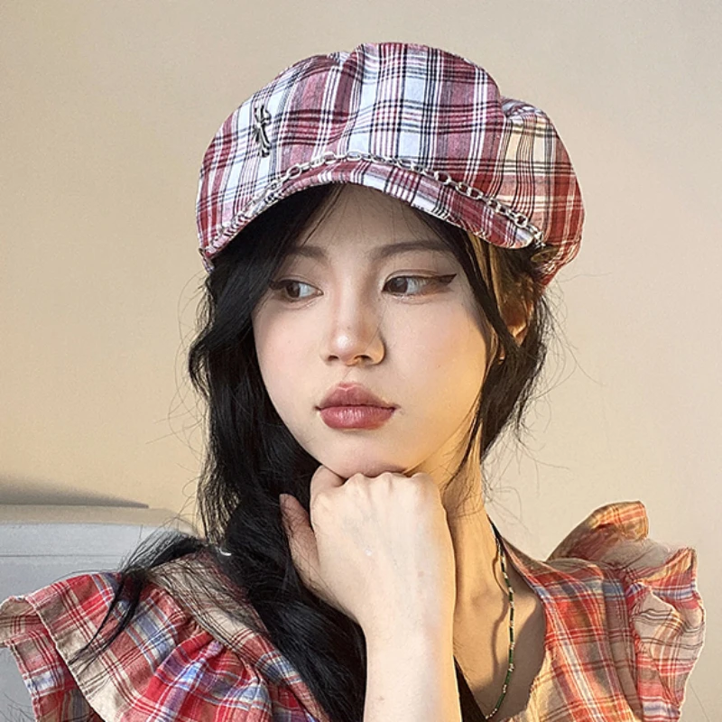 Korean Version Retro Plaid Contrasting Color Berets Caps for Women Summer Sunscreen Versatile Chain Design Octagonal Hats Y2k