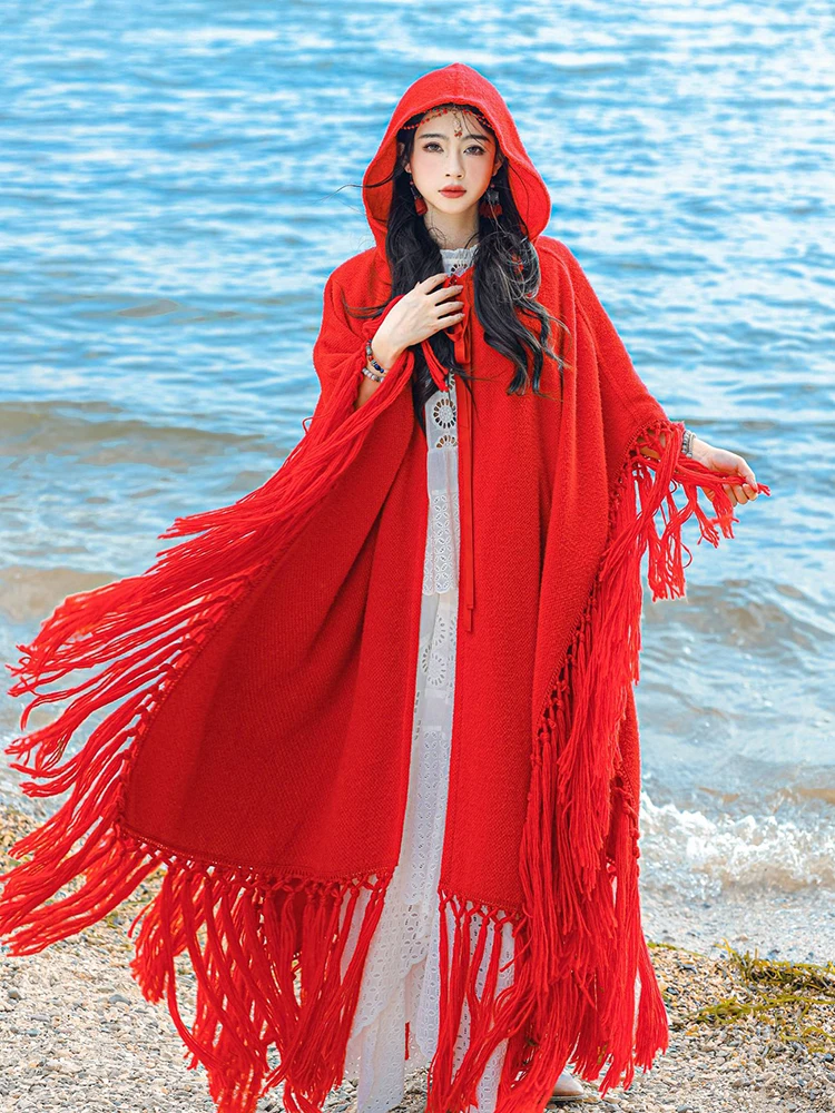 Jastie 2023 Autumn Winter Women Shawl And Wrap Loose Casual Thick Tassel Long Cape Cardigan Tops Holiday Poncho Coats