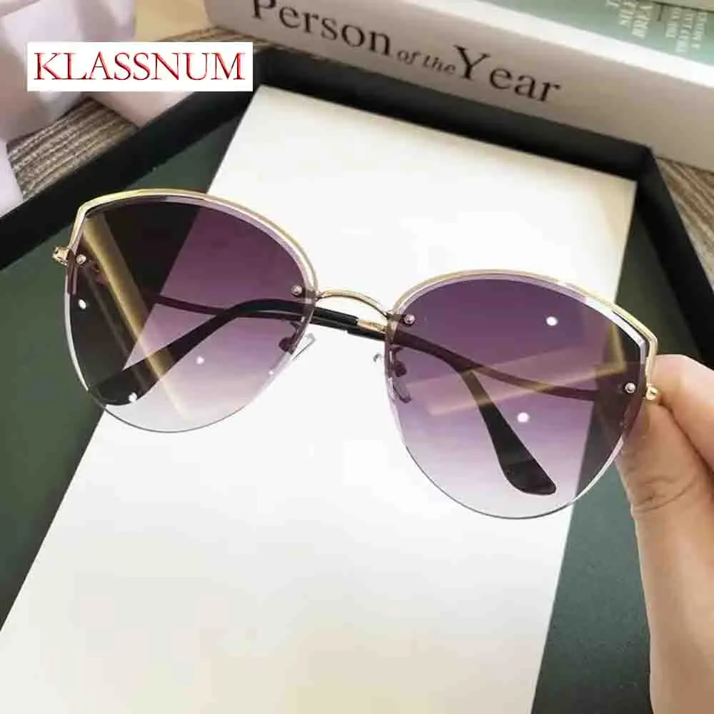 Lunettes de soleil œil de chat surdimensionnées de luxe KLASSNUM pour femmes, verres dégradés, demi-monture, style vintage sans monture, tendance