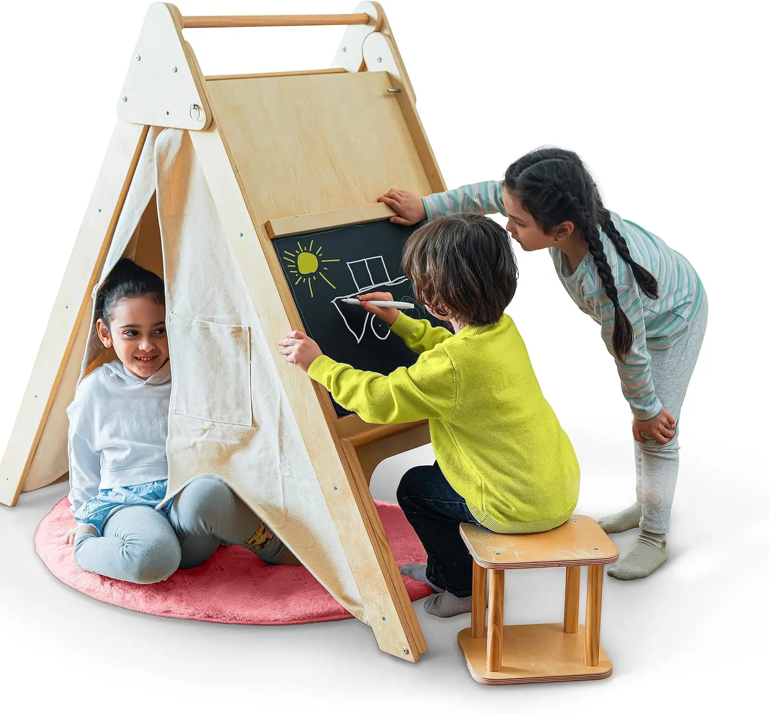 Oak Foldable Triangle Climber 5 in 1 Kids Playhouse Hideaway Montessori Learning Play Tent, Desk, Chair Stool, Art Easel, Chalkb