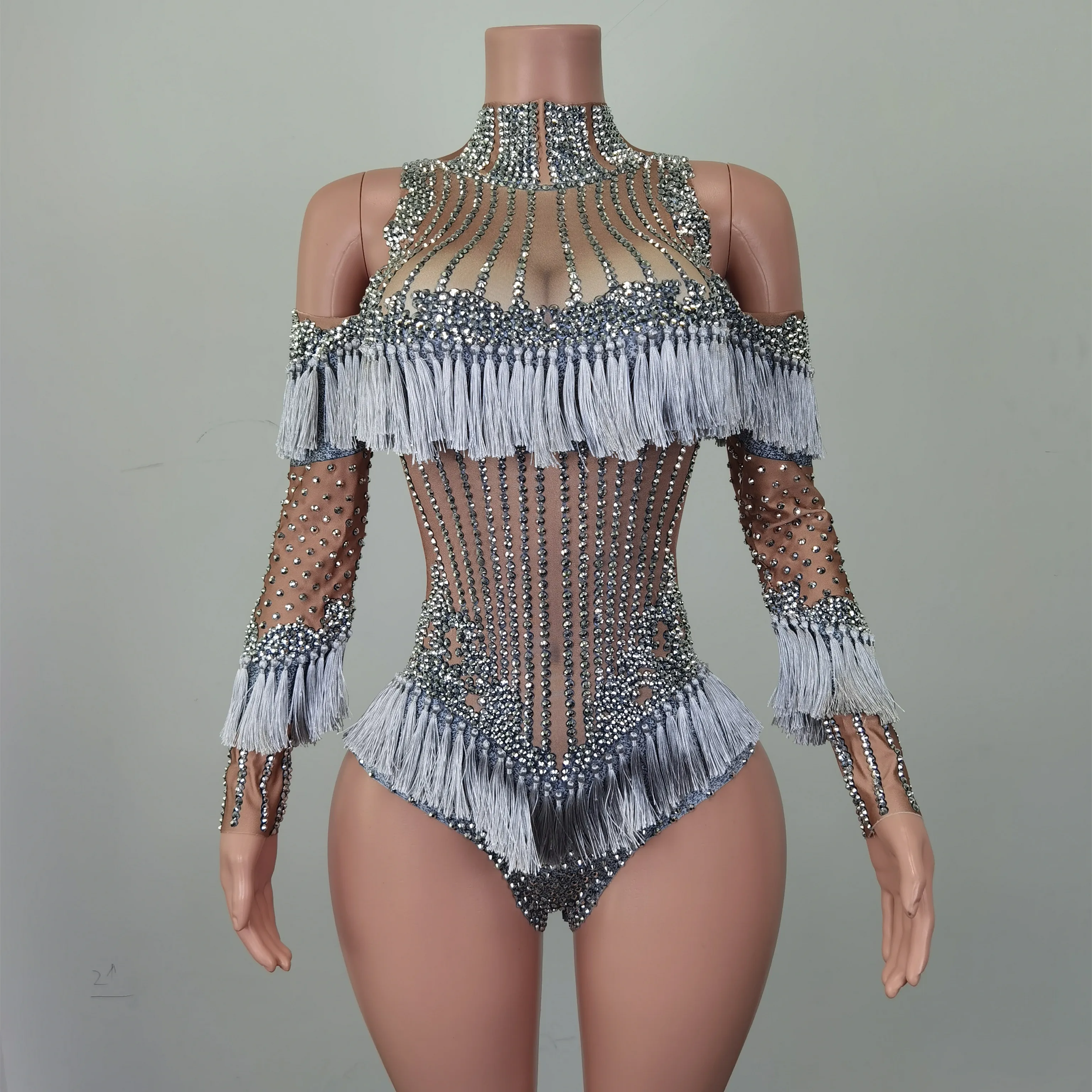 

Sexy Silver Rhinestone Tassel Stage Performance Bodysuits Women Drag Show Festival Outfit Club Jumpsuit Aerial Dance Leotard