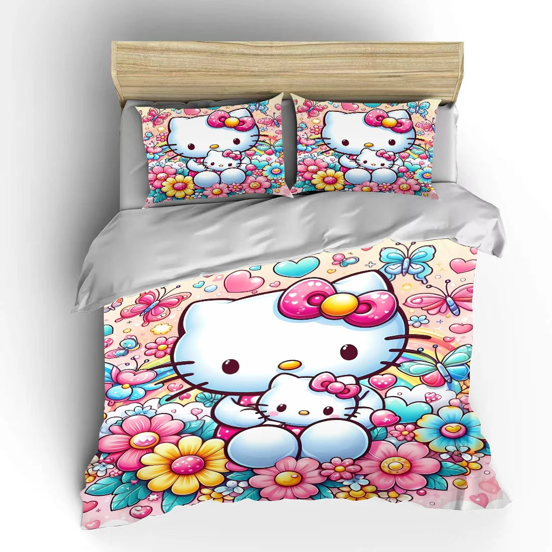 Hello Kitty Cartoon Baby Bedding Set Japanese Children Sanrio 3-częściowy zestaw King Size US Twin Pokrowiec na łóżko dla dorosłych Kołdra do