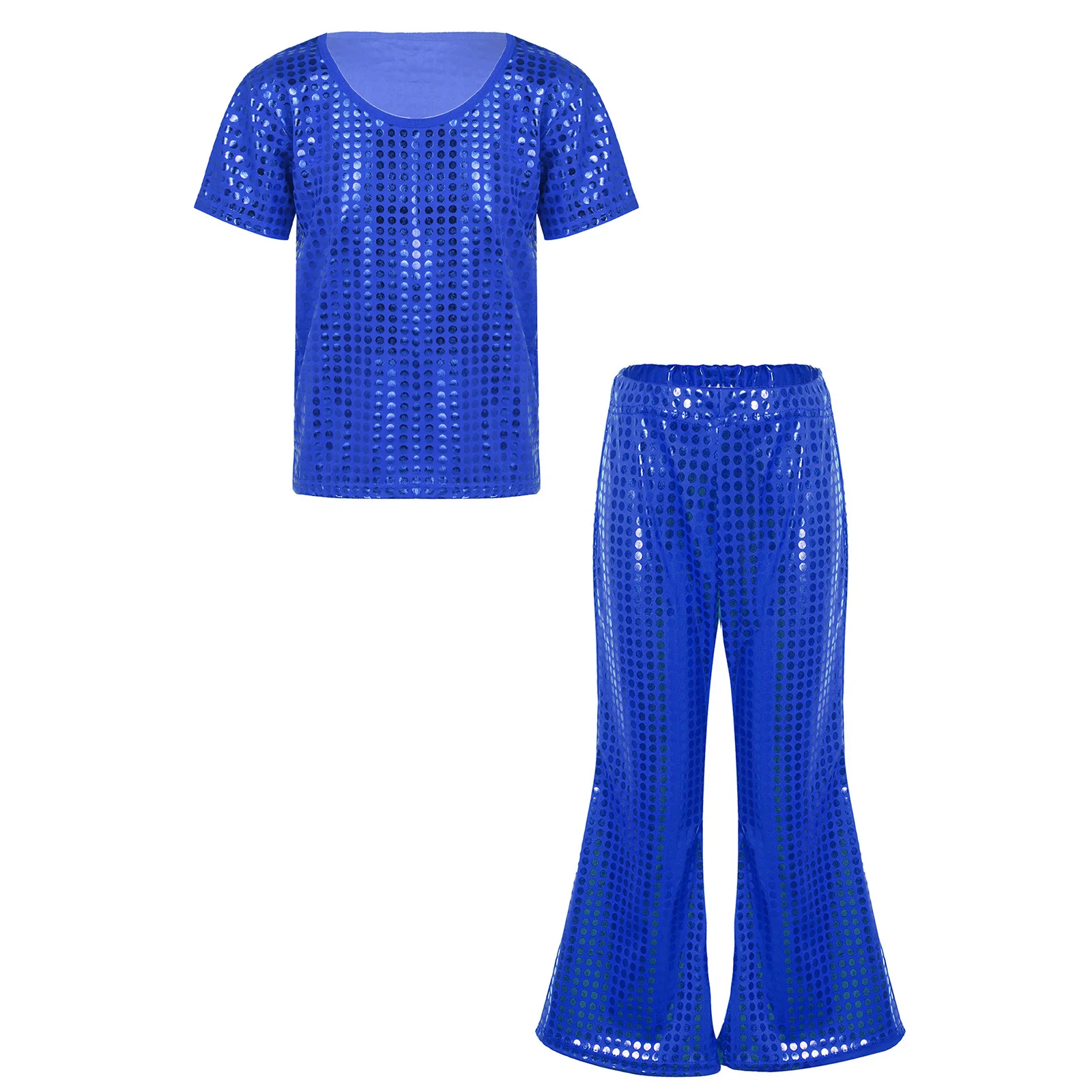 Kids Boys Girls Hip Hop Jazz Street Dance Outfits Stage Performance Costume Shiny Sequins T-shirt Flared Pants Sets Dancewear