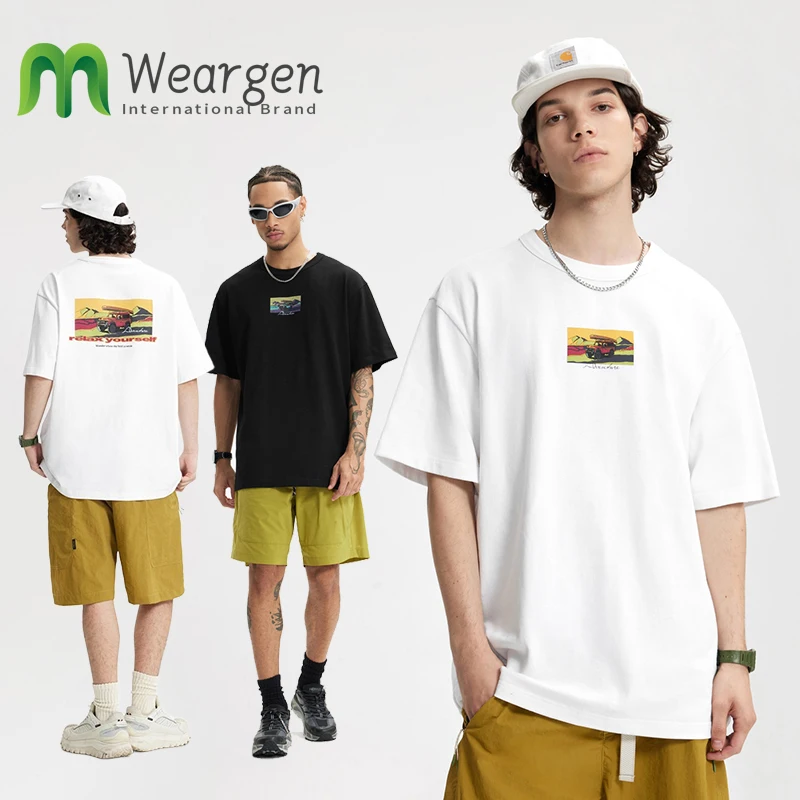 Men Pure Cotton Heavy Linen Cotton Printed T-shirt Summer New Loose Trendy Brand Fun Round Neck Short Sleeves 8054S25