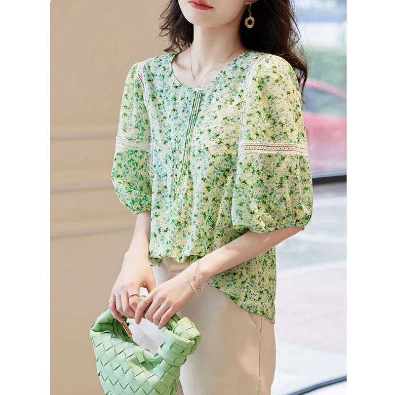 Women Lace Patchwork Chic Sweet Blouses Summer Trendy O Neck Half Sleeve Loose Shirts Korean Elegant Tops Blusa Mujer Moda 2023