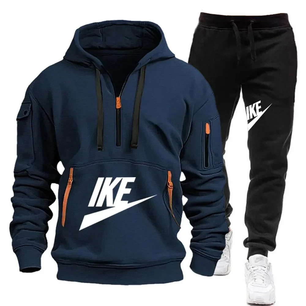 A new autumn and winter fashion men's casual sportswear set, featuring a warm hooded pullover and jogging pants in two pieces