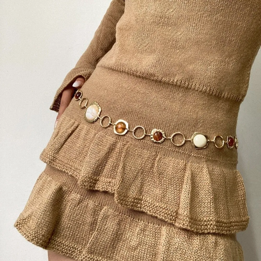 Fashion Vintage Simulated Gemstone Waist Chains Personality Versatile Belt Chain Boho Adjustable Metal Belly Chain Birthday Gift