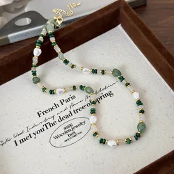 Minar Wholesale Green Color Natural Stone Malachite Simulated Pearl Strand Beaded Necklace for Women Gold Plated Chain Chokers