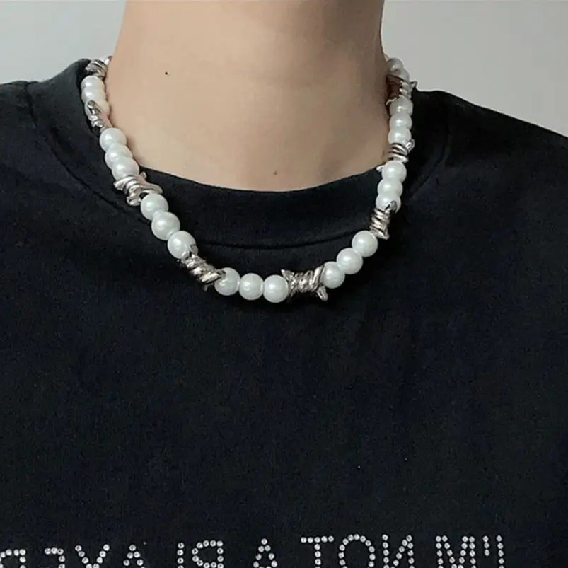 Fashion Stitching Thorns Chain Pearl Beaded Necklace Men Jewelry 2022 Trend Street Hip-hop Necklaces Jewelri Man Punk