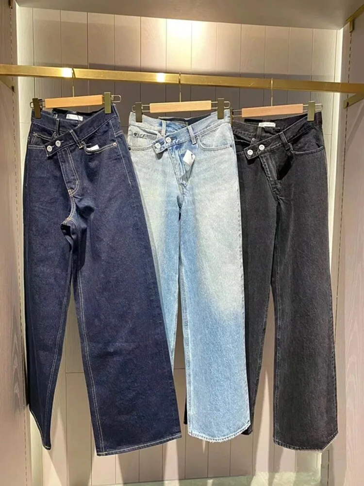 

Pure Japanese Style Wide Leg Jeans Asymmetrical Slanting Pocket High Waist Loose Fit Summer New Arrival by Baozhen