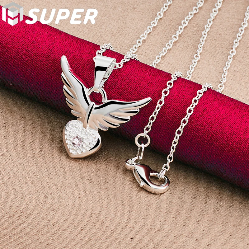 

925 Sterling Silver 16-30 Inch AAA Zircon Love Heart Wings Pendant Necklace For Woman Fashion Wedding Charm Jewelry