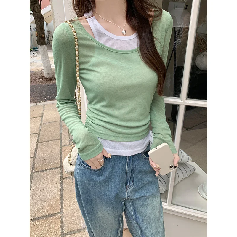 

Korean Style Female Faux Two Pieces Top Long Sleeve Block Color Patchwork Autumn Women's Tees Shirts Short Lady Slim T-shirt