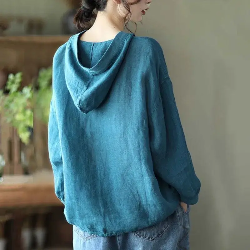 

Artistic Loose Fit Women's Jaet Thin Linen Long Sve Hooded Open Cardigan Top Button up Sle Summer Commute Faion