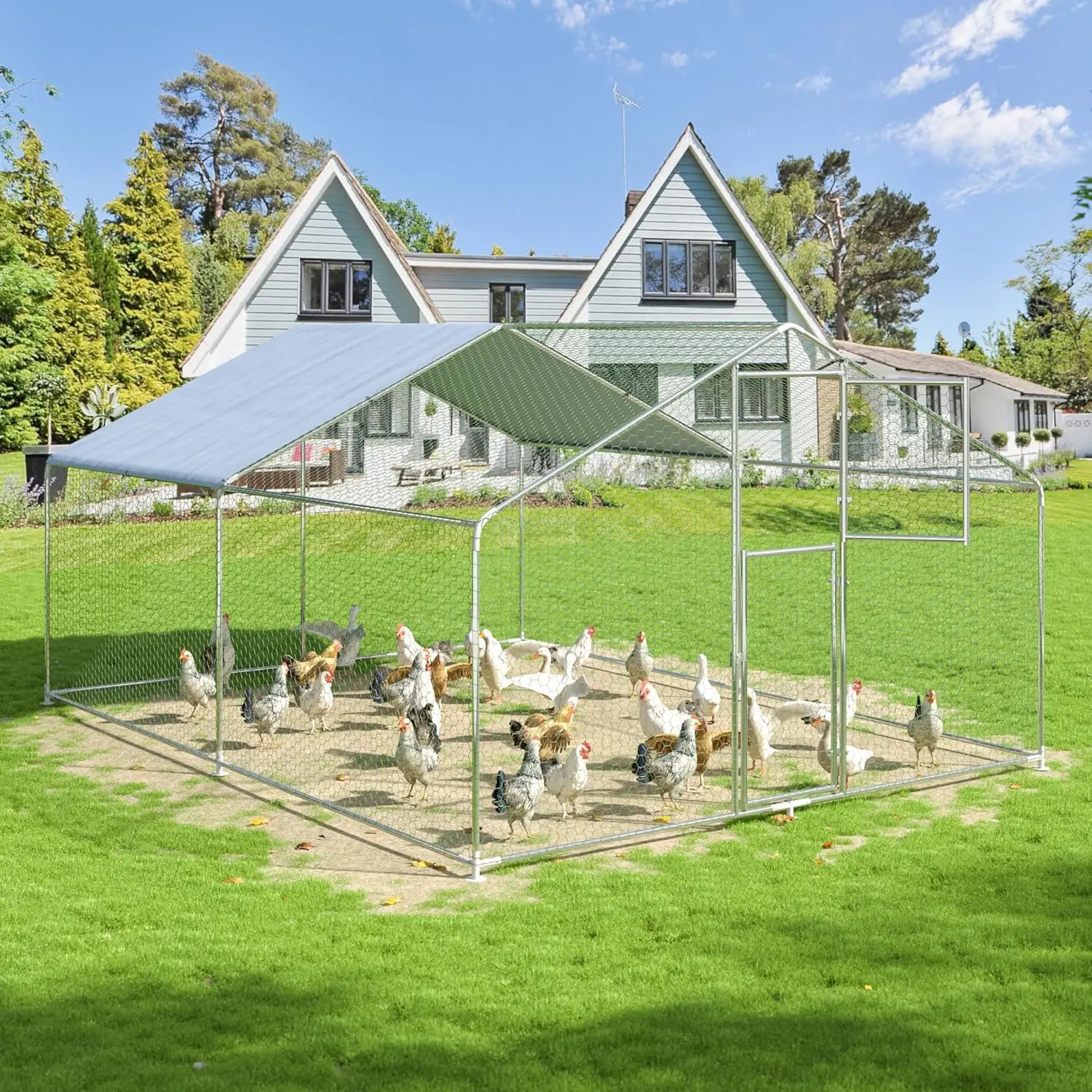 

Metal Chicken Coop, Large Outdoor Pen, Walk-in Run for 6-20 , Double Door House with