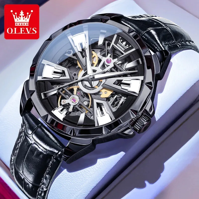 

OLEVS Watch Automatic Mechanical Watch Men Black Steel Hollow Leather Watch Night Glow Waterproof Mens Watch