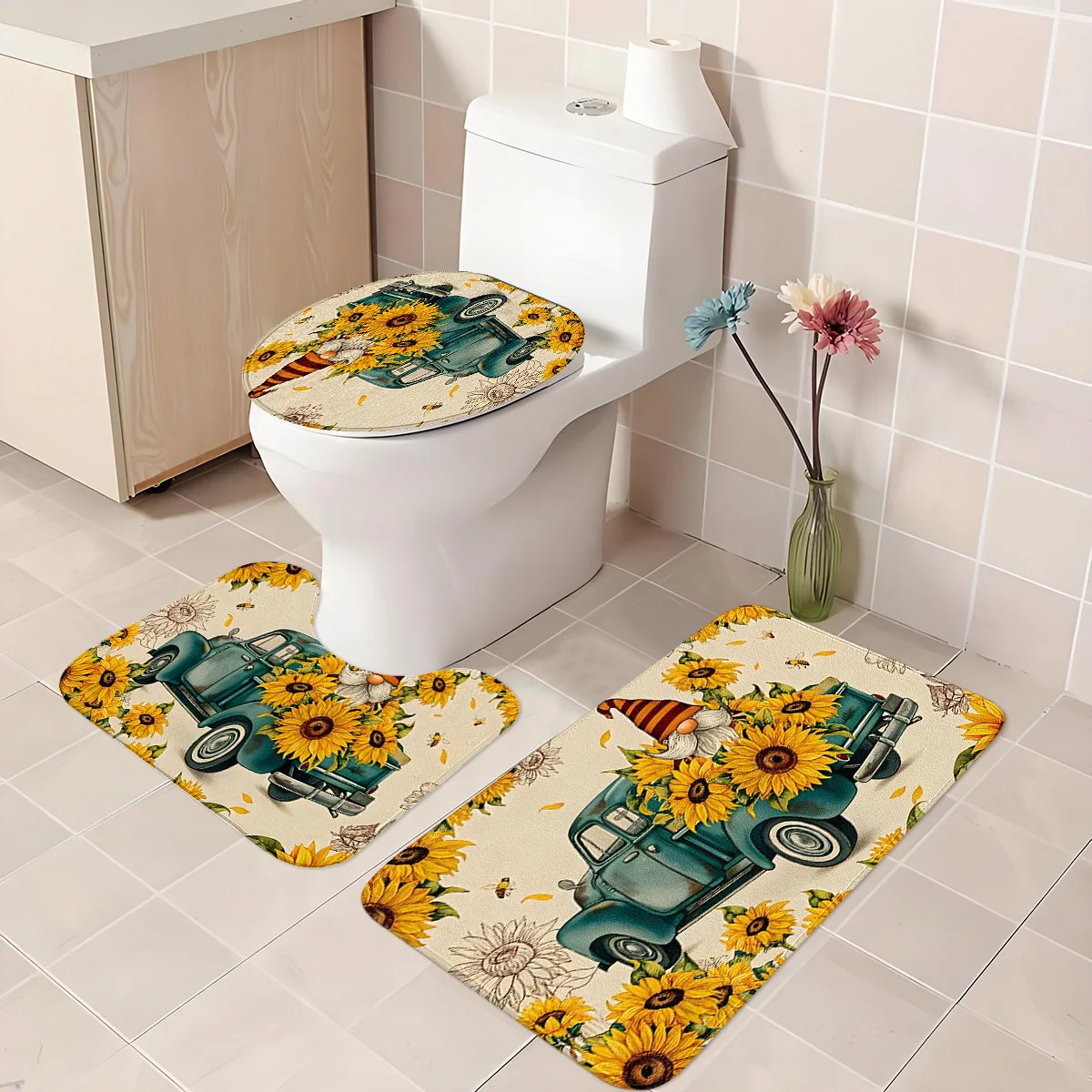 Dreiteiliges Set mit Sonnenblumen-LKW-Badezimmer-Wc-Matte + Badezimmer-Bodenmatte + U-förmige Fußmatte, rutschfest, saugfähig, waschbar, Badezimmer-Dekor-Set
