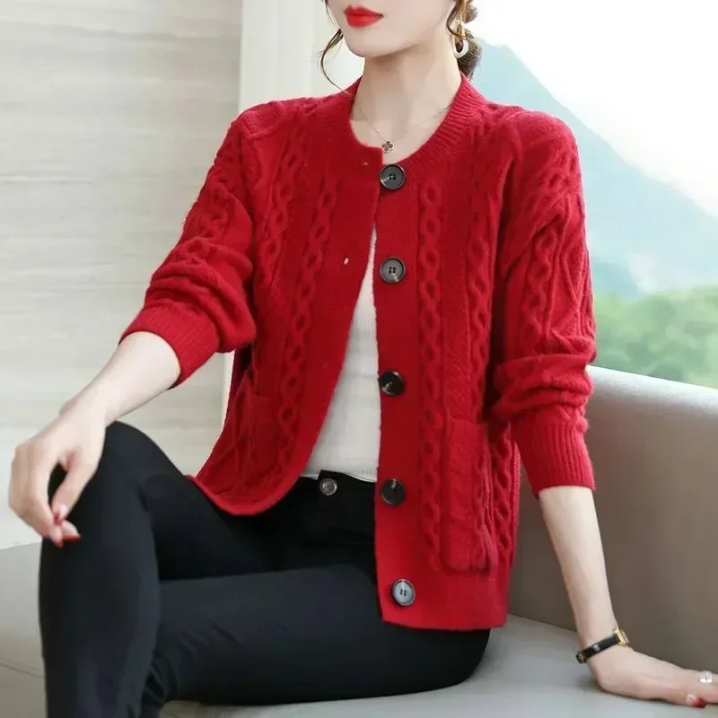 Women's Thicken Loose Coat XXXL Mom Coat Knitted Shirt Lazy Style Woolen Sweater Spring Autumn New O-neck Cardigan