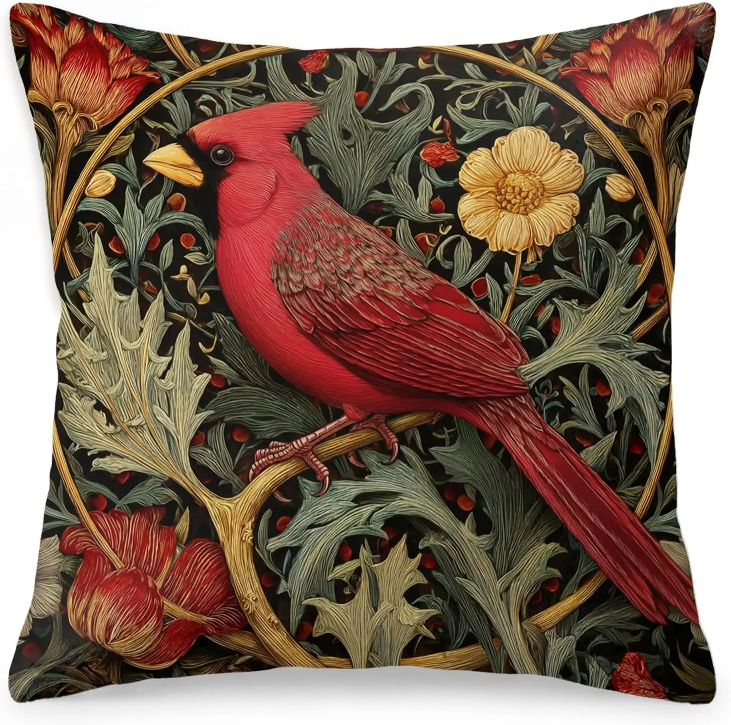 Detailed Vintage Cardinal Bird Pillow Covers Botanical Nature Illustration Cushion Throw Pillow Home Decor Art 40x40cm