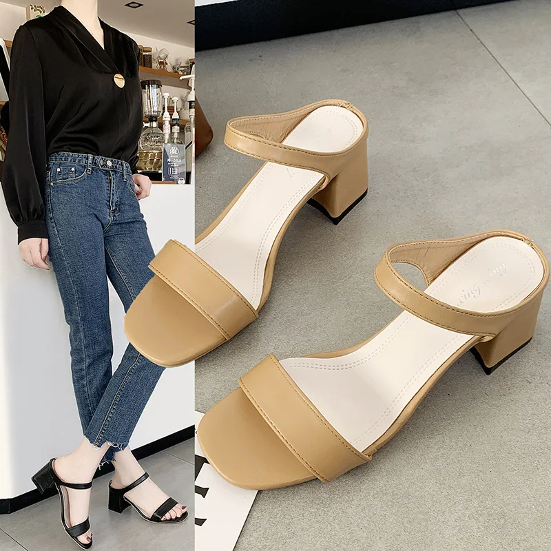 Plus Size 43 New Summer Ankle Strap Peep Toe Leather Sandals Women Shoes 5cm Square Heel Simple Fluorescent Green Slidesls Party