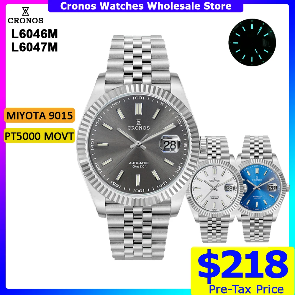 Cronos DateJ Luxury Men Watch Stainless Steel 5 Links Bracelet PT5000 Miyot 9015 100m Water Resistant Sapphire L6046M