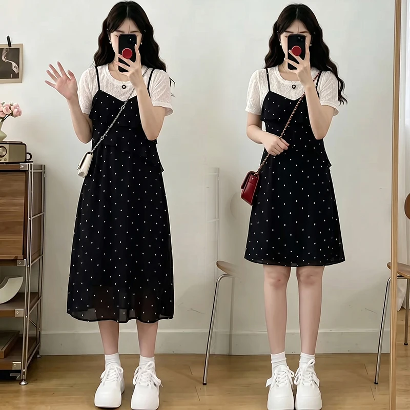 

plus Size Summer Floral Print Slimming Dress Fashionable Korean Style Patchwork A-Line Midi Dress for Women Commute Ready