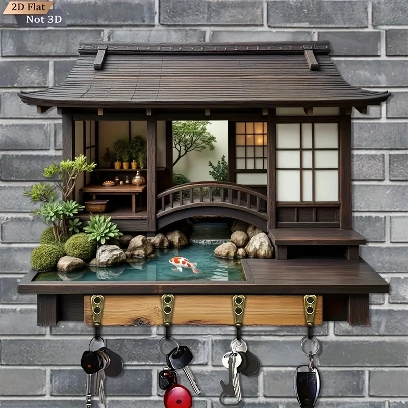 2D Retro Japanese-Style Wooden Key Hook Multi-Functional Home Key Holder for Porch Wall Decoration And Kitchen Storage